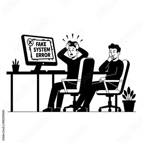 April Fools Fake System Error Prank in Office With Worried Employees Black and White Cartoon Illustration