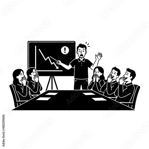 April Fools Meeting Presentation Fail Prank With Laughing Team Black and White Cartoon Illustration