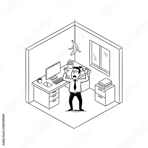 April Fools Banana Peel Office Room Prank in Isometric Workspace Black and White Cartoon Illustration