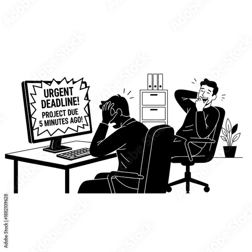 April Fools Urgent Deadline Prank Message on Computer With Stressed Worker Black and White Illustration