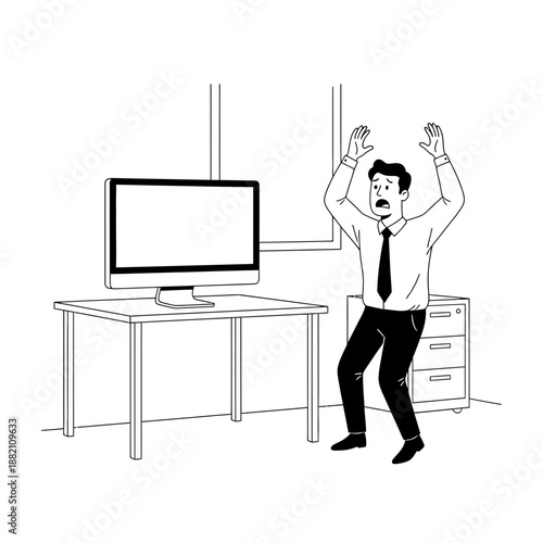 April Fools Scared Employee Surprise in Office With Computer Monitor Black and White Cartoon Illustration