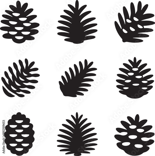 black illustrations of various pine cones on white background