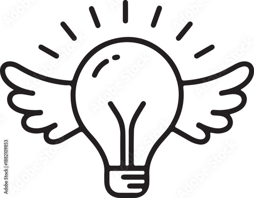 Black outline of a lightbulb with wings and rays idea
