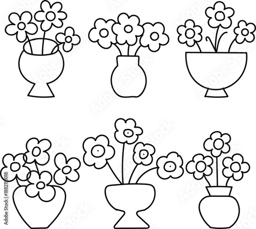 Six simple flower arrangements in vases line flowers