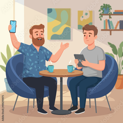 Two men sitting at a cafe table having a conversation with a smartphone and tablet