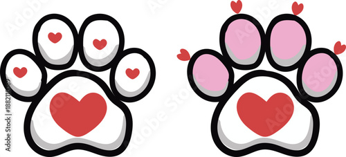 Two cartoon paw prints with red hearts love animal