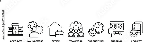 PrintCollection of professional business line icons for corporate management, office teamwork, productivity training, and project development in a modern minimalist style.