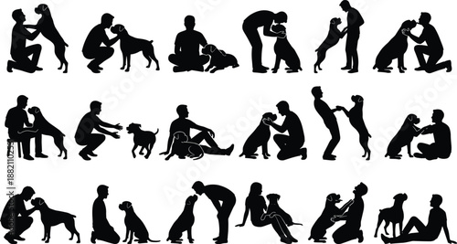 Black human and dog silhouette set showing people bonding, playing, training, and caring for dogs isolated on white background for pet lifestyle and companionship concepts