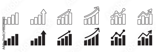 Growth icon set. Containing arrow up, growing graph, business chart icons. Vector illustration.