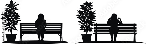 Black silhouette of women sitting alone on park benches beside potted plants, featuring peaceful outdoor relaxation and quiet contemplative leisure moments.