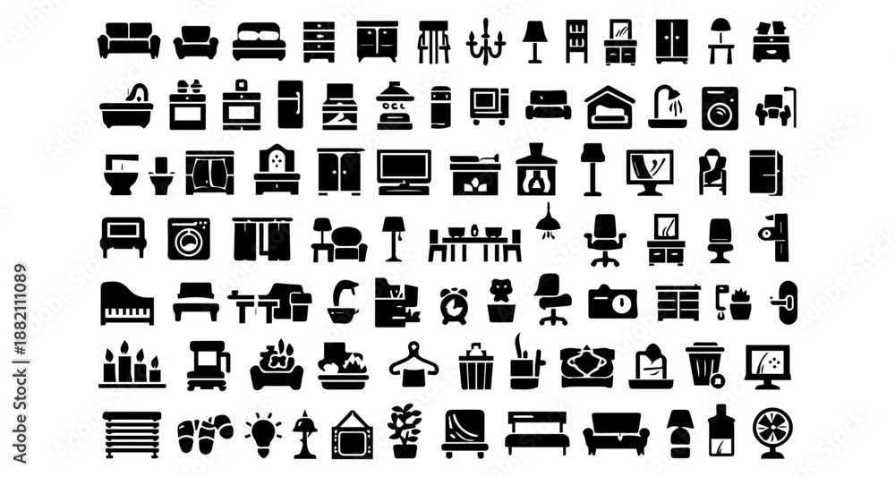 Fototapeta premium Home interior outline 100 icon set. Furniture and house decoration icons and more symbols. Editable stroke. Vector illustration