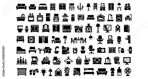 Home interior outline 100 icon set. Furniture and house decoration icons and more symbols. Editable stroke. Vector illustration