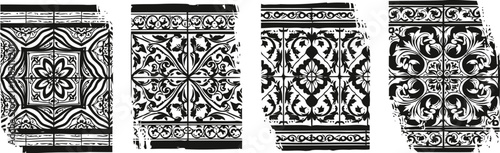 Four ornate black and white decorative tile patterns with intricate floral and geometric designs