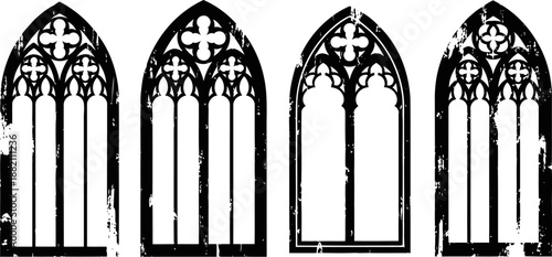 gothic arched windows silhouette with distressed texture in black and white design