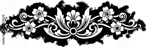 floral ornamental border design with decorative leaves and stylized flowers in black and white