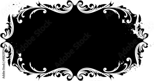 Ornate vintage decorative frame with elegant floral swirl border design in black and white