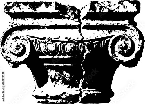 Ancient broken ionic column capital with volutes and decorative detailing in black and white