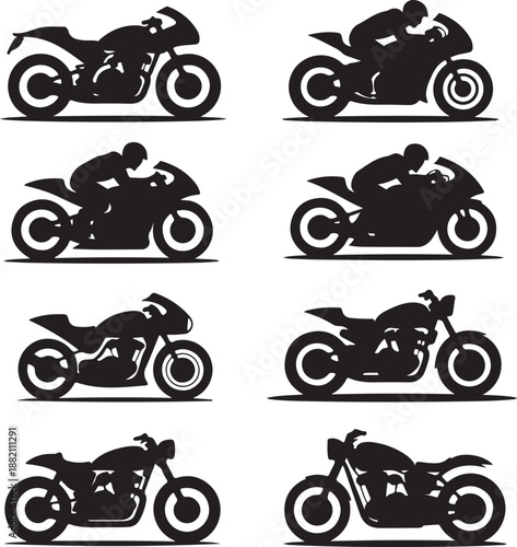 black silhouettes of motorcycles and riders on white background