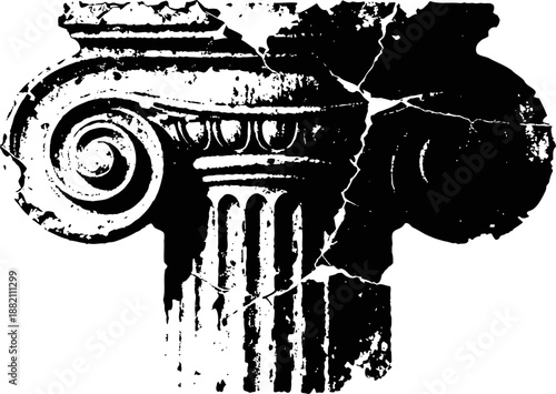 Ancient ionic column fragment with detailed volute design, cracks, and weathered texture