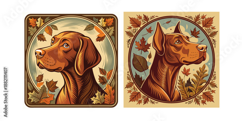 Vintage woodcut engraving of two noble brown dogs with autumn leaves in circular frames, vector illustration