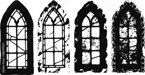 Grunge gothic arch windows set vintage distressed stained glass frame silhouettes in black and white