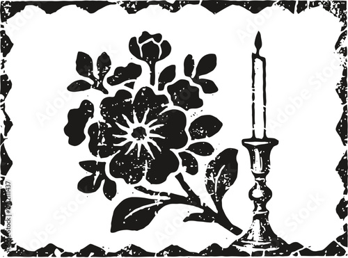 Vintage floral illustration with candle in candlestick holder, black and white decorative art