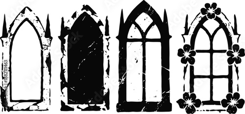 Gothic window silhouettes with floral decoration and worn texture set