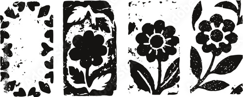 Set of black and white floral linocut prints with four different flower designs and leaves