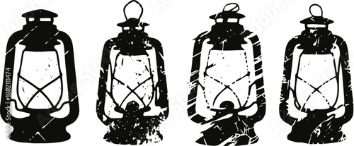 Vintage lantern silhouettes with grunge texture in black and white, nostalgic rustic lighting design