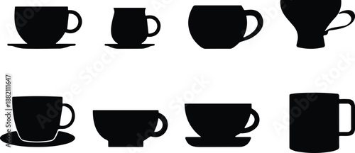 Set of Coffee and Tea Cup Silhouettes Including Mugs Saucers and Diverse Drinkware Shapes for Cafe Branding and Kitchen Menu Design