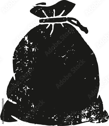 Black silhouette of a tied sack bag with textured grunge effect isolated on white background