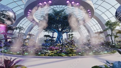 Futuristic indoor garden with glowing tree, waterfall, metallic orbs, and lush purple and green flora