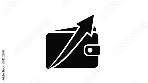 Black wallet with growing arrow icon, symbolizing financial growth and success in business and investment, on white background