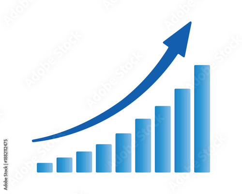 Blue growth bar chart with upward arrow vector. Financial increase graph isolated on white. Business success diagram for profit, sales boost, economic progress and market statistic.