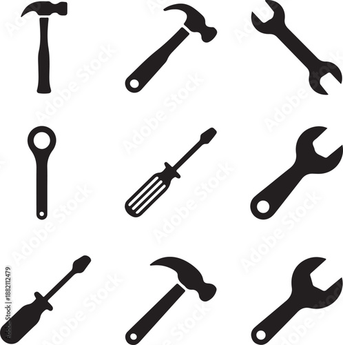 black silhouettes of various hand tools on white background