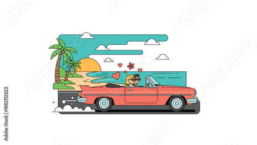 Vintage convertible car driving on a tropical beach at sunset.
