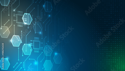 Abstract technology background with glowing hexagons, circuit lines and microchip elements in blue and green tones, ideal for digital, science, innovation and high-tech design concepts.