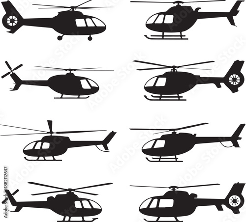 Black silhouettes of various helicopter models on white background
