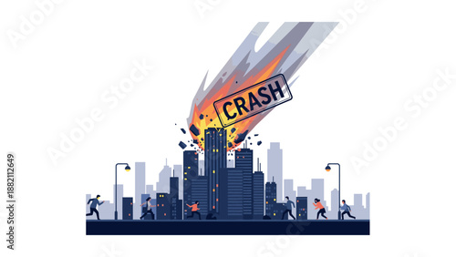 Cityscape with Exploding Building and Panicked People Running.