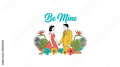 Couple holding hands surrounded by flowers.