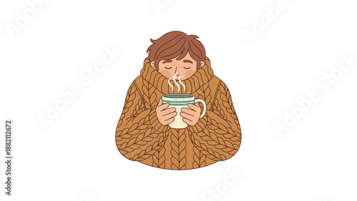 Woman wrapped in a blanket holding a steaming hot cup of coffee or tea.