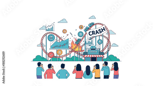 Group of people watching a cartoon roller coaster crash at an amusement park.