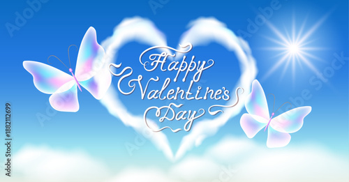 Cloud heart and butterflies in sky with clouds and calligraphic handwritten congratulatory text