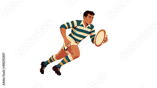 Rugby player running with the ball in a striped uniform.