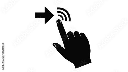 Black hand icon clicking on wireless symbol with arrow on white background, technology and communication concept