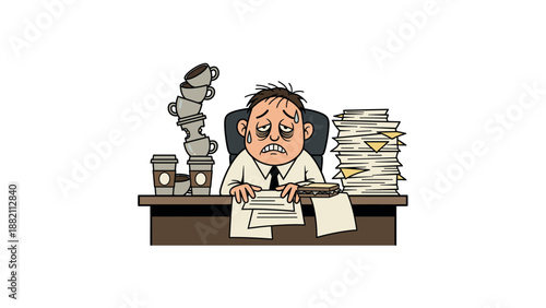 Overwhelmed office worker surrounded by paperwork and office equipment.
