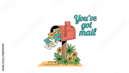 Red mailbox with letters and flowers, postal service illustration.