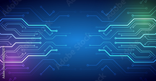 Abstract futuristic technology background with symmetrical glowing circuit lines on a blue gradient. Concept of digital communication, data transfer, AI systems and high-tech innovation.