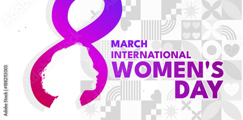 International women's day banner with number eight and female profile