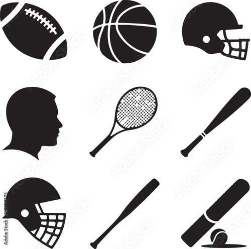 black silhouettes of various sports equipment and players  sports icons